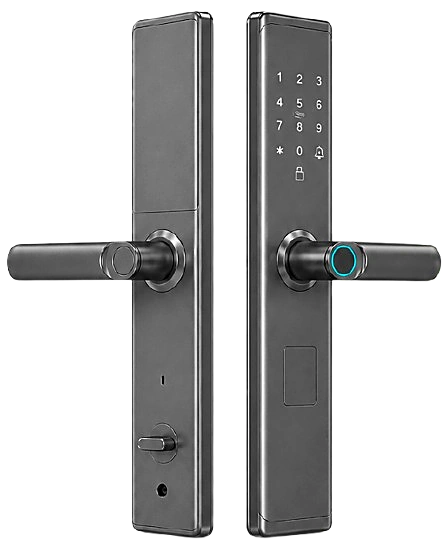 Front and rear views of the GTECHNO HomeTap GT-H100 Gray smart door lock