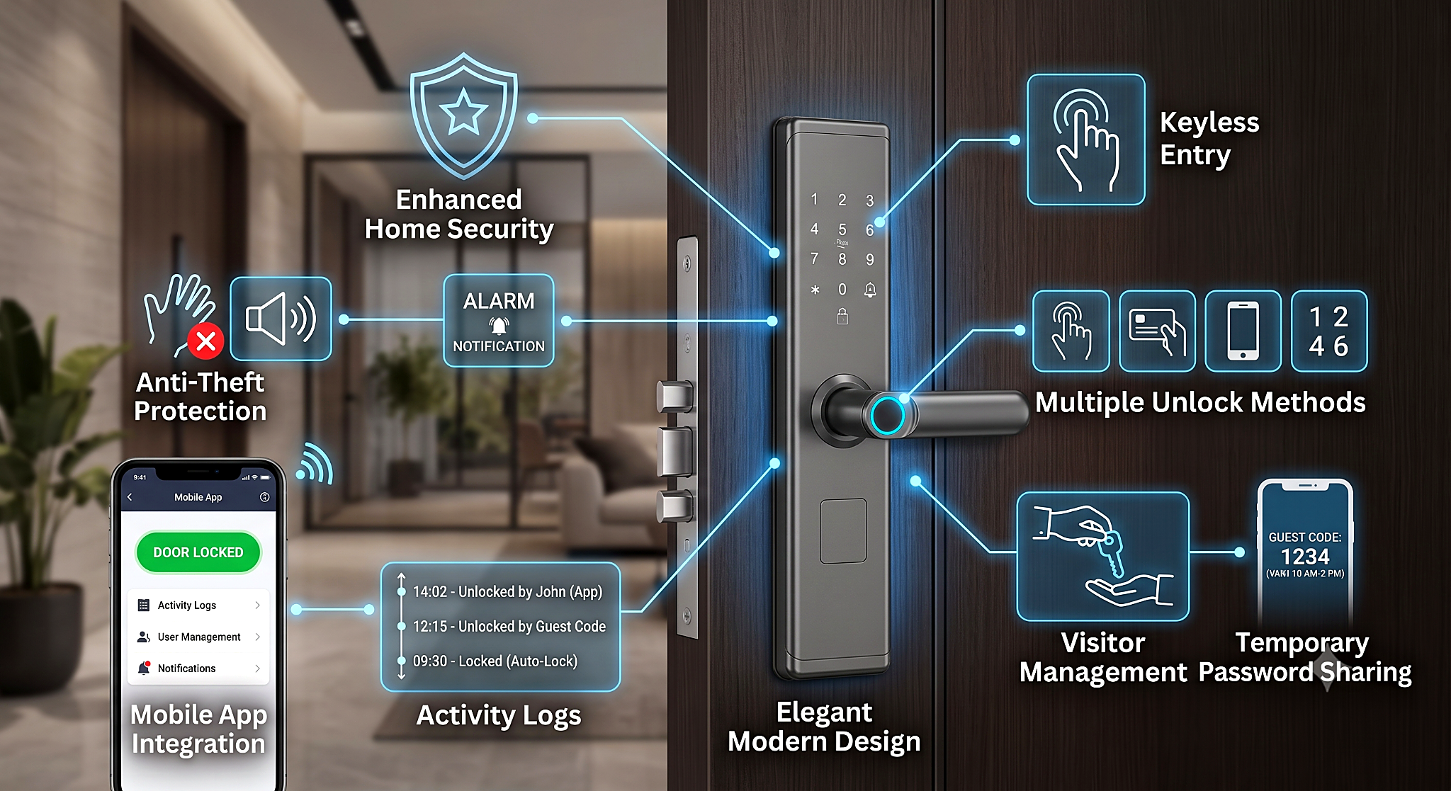 Smart lock installed on a modern door with illustrated features including enhanced home security, anti-theft protection, keyless entry, multiple unlock methods, mobile app integration, activity logs, visitor management, temporary password sharing and elegant modern design.